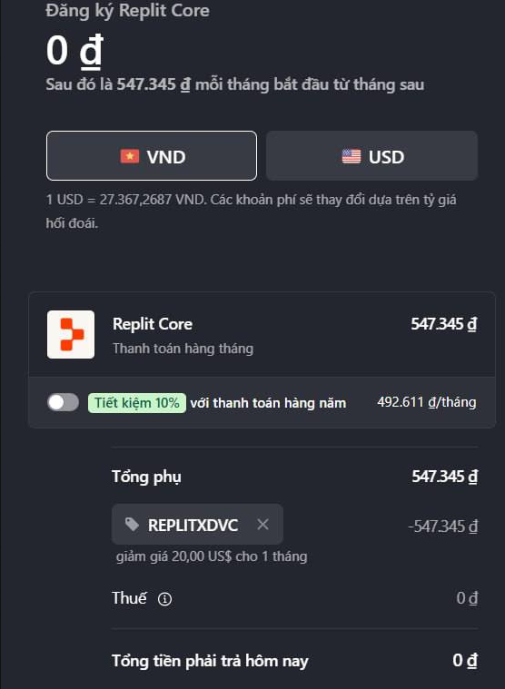 Nâng cấp Replit Pro ($20) bằng mã khuyến mãi REPLITXDVC