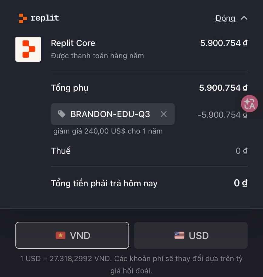 Kích hoạt Replit Core gói 1 năm bằng mã khuyến mãi