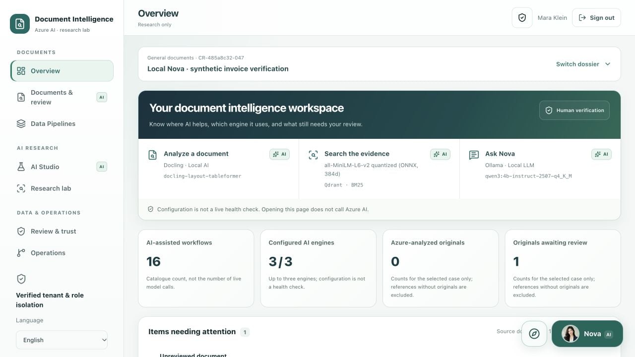 The English Document Intelligence Lab overview with the configured Docling, MiniLM, Qdrant, and Ollama engines.