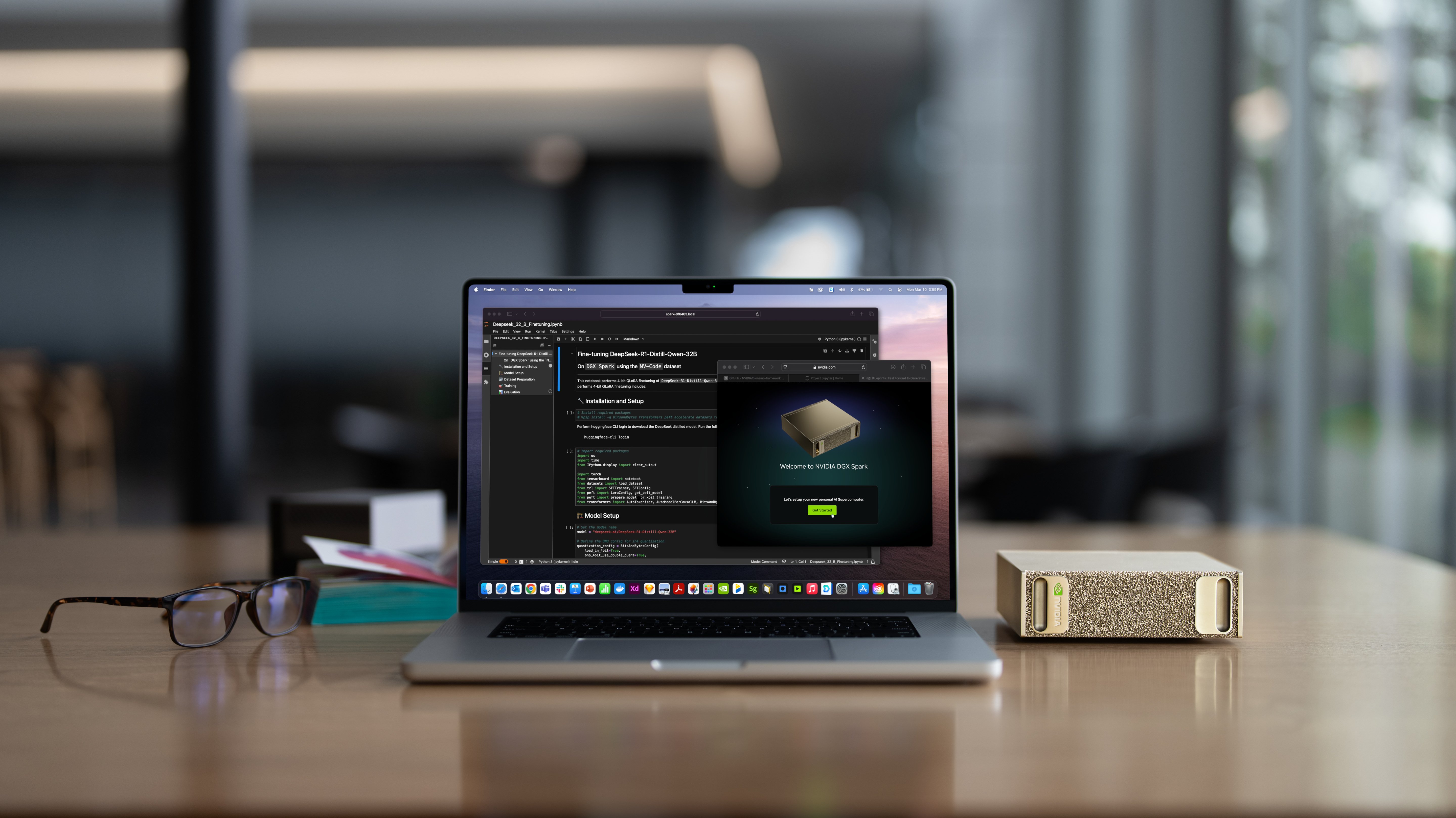 NVIDIA DGX Spark beside a laptop on a desk, showing the compact gold-coloured local AI computer.